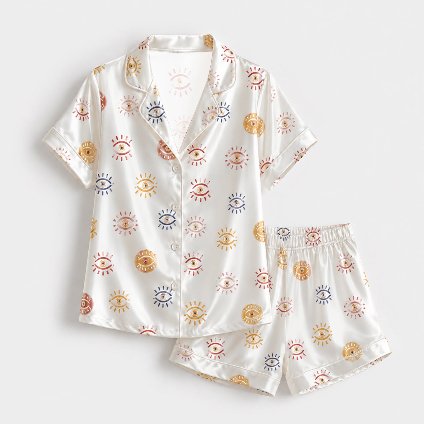 PJ-150-Unisex Satin Pajama Set with Evil Eye Sun Print White Button Down Sleepwear