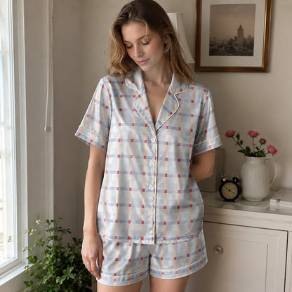 PJ-151-Unisex Satin Pajama Set with Blue Plaid Print Button Down Sleepwear Shirt and Pants