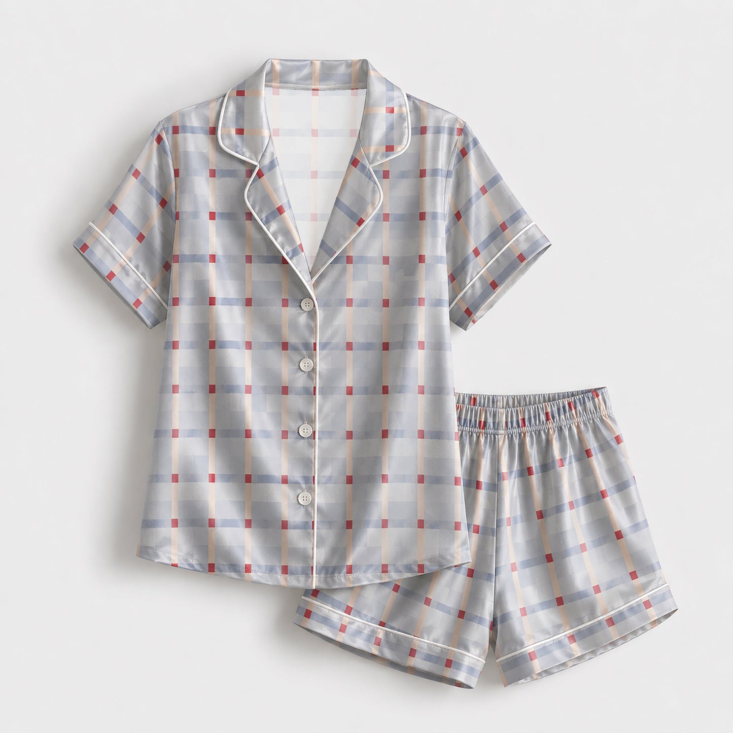 PJ-151-Unisex Satin Pajama Set with Blue Plaid Print Button Down Sleepwear Shirt and Pants