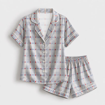 PJ-151-Unisex Satin Pajama Set with Blue Plaid Print Button Down Sleepwear Shirt and Pants