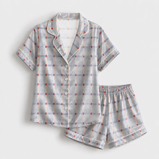 PJ-151-Unisex Satin Pajama Set with Blue Plaid Print Button Down Sleepwear Shirt and Pants