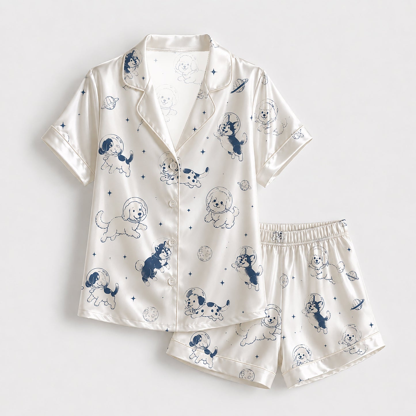 PJ-152-Unisex Satin Pajama Set with Space Dog Print White Button Down Sleepwear Shirt and Pants