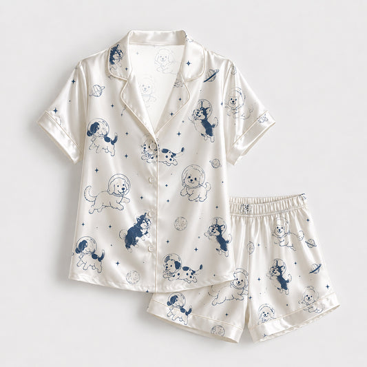 PJ-152-Unisex Satin Pajama Set with Space Dog Print White Button Down Sleepwear Shirt and Pants