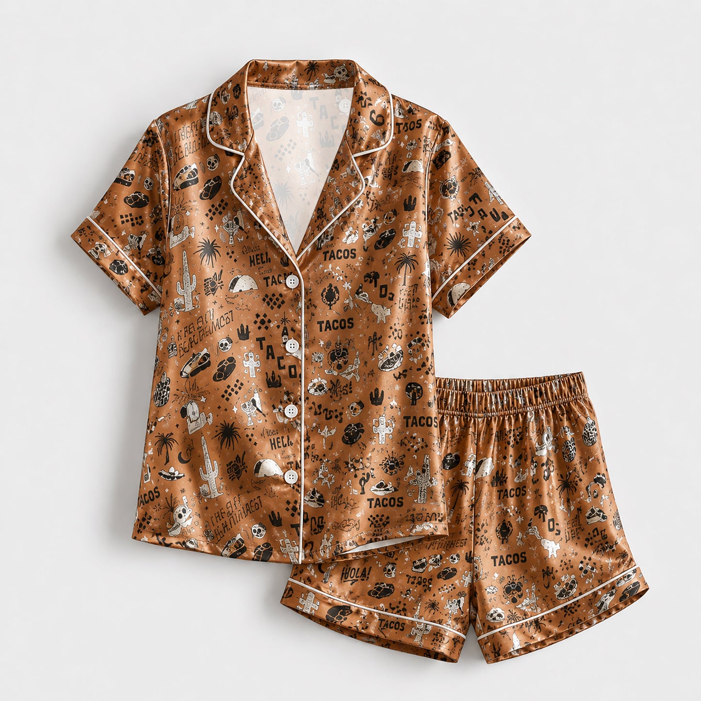 PJ-153-Brown Unisex Satin Taco Pattern Pajamas Mexican Food Theme Loungewear Sleepwear Nightwear Apparel Matching Set