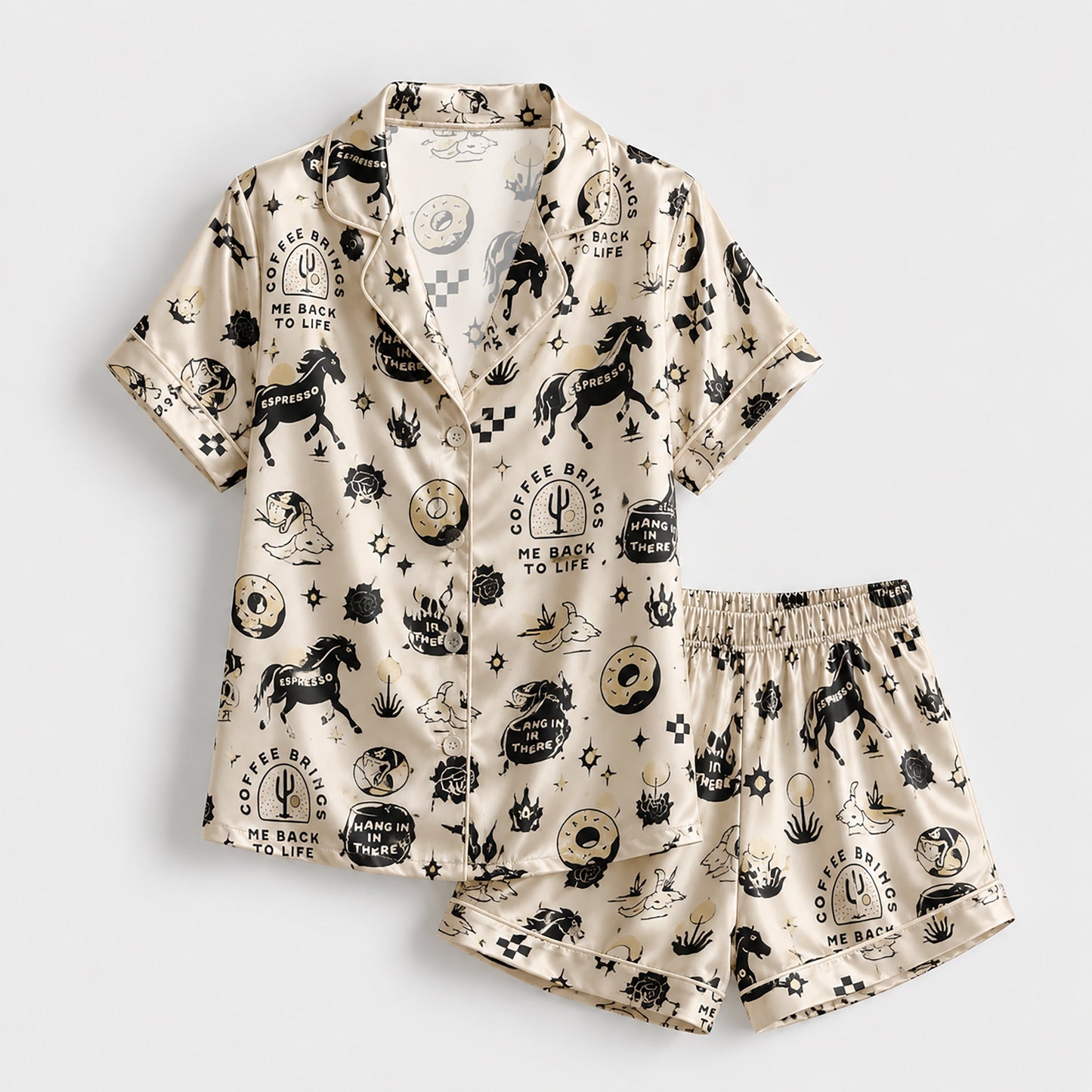 PJ-154-Satin Beige Desert Espresso Graphic Black Piping Button Up Pajama Set