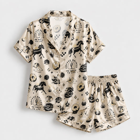 PJ-154-Satin Beige Desert Espresso Graphic Black Piping Button Up Pajama Set