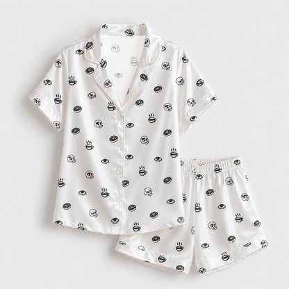 PJ-155-Unisex Satin Pajama Set with Black Skull Eye Print White Button Down Sleepwear Shirt and Bottoms