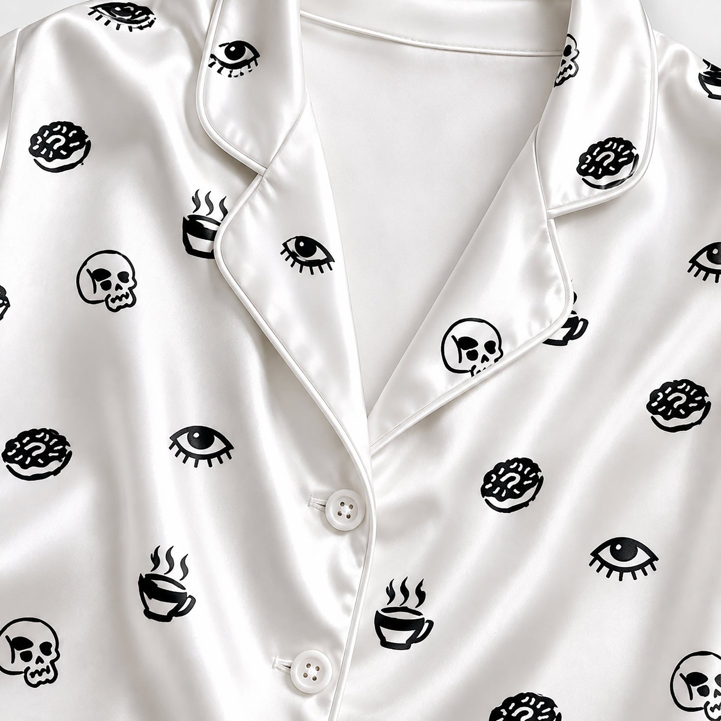 PJ-155-Unisex Satin Pajama Set with Black Skull Eye Print White Button Down Sleepwear Shirt and Bottoms