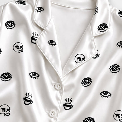 PJ-155-Unisex Satin Pajama Set with Black Skull Eye Print White Button Down Sleepwear Shirt and Bottoms