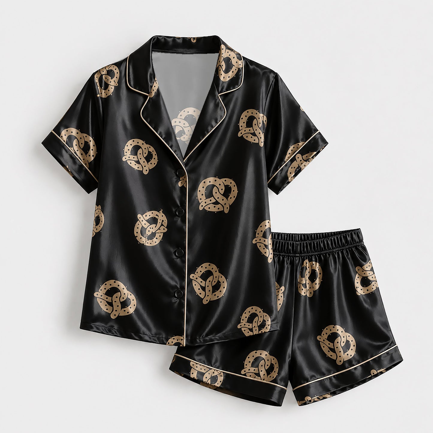 PJ-156-Satin Black Pretzel Gold Piping Button Up Pajama Set