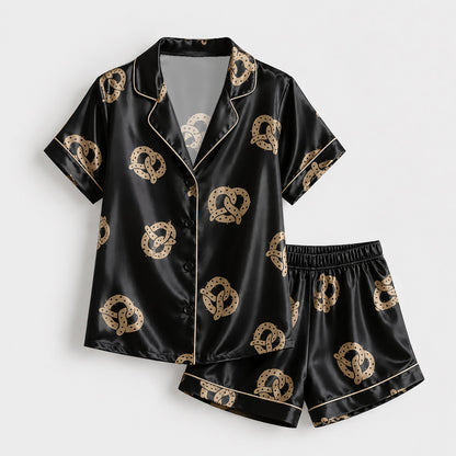 PJ-156-Satin Black Pretzel Gold Piping Button Up Pajama Set