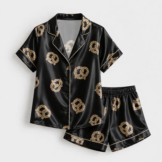 PJ-156-Satin Black Pretzel Gold Piping Button Up Pajama Set