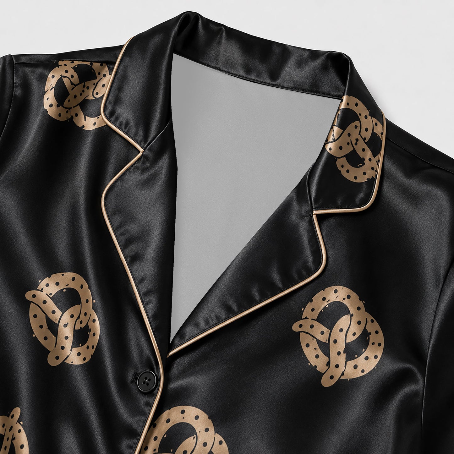 PJ-156-Satin Black Pretzel Gold Piping Button Up Pajama Set