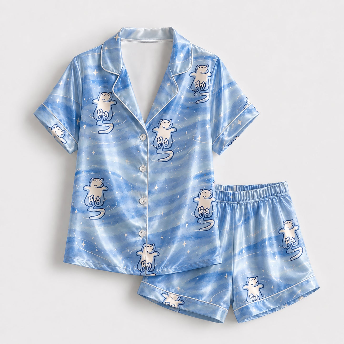 PJ-157-Satin Sky Blue Celestial Kitty White Piping Button Up Pajama Set