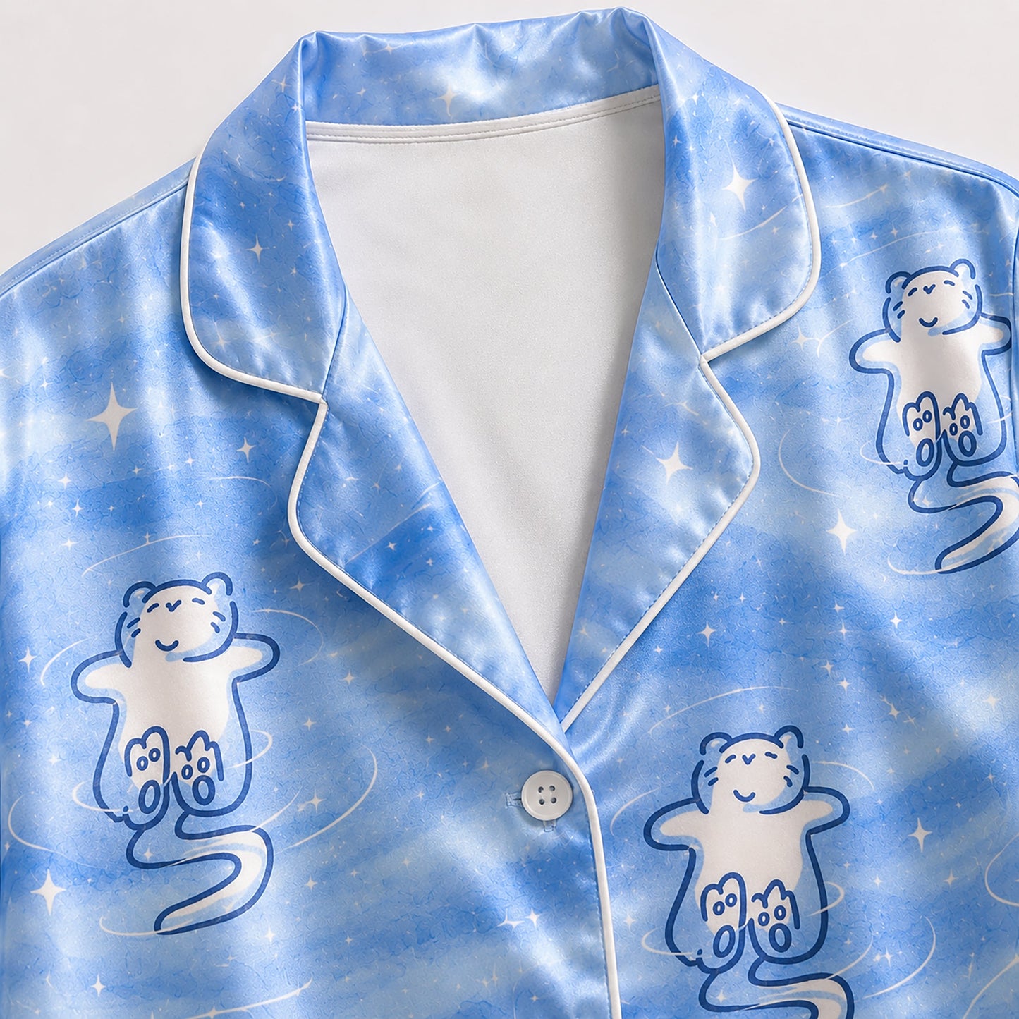 PJ-157-Satin Sky Blue Celestial Kitty White Piping Button Up Pajama Set
