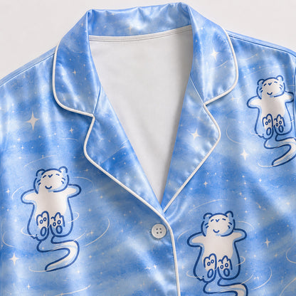PJ-157-Satin Sky Blue Celestial Kitty White Piping Button Up Pajama Set