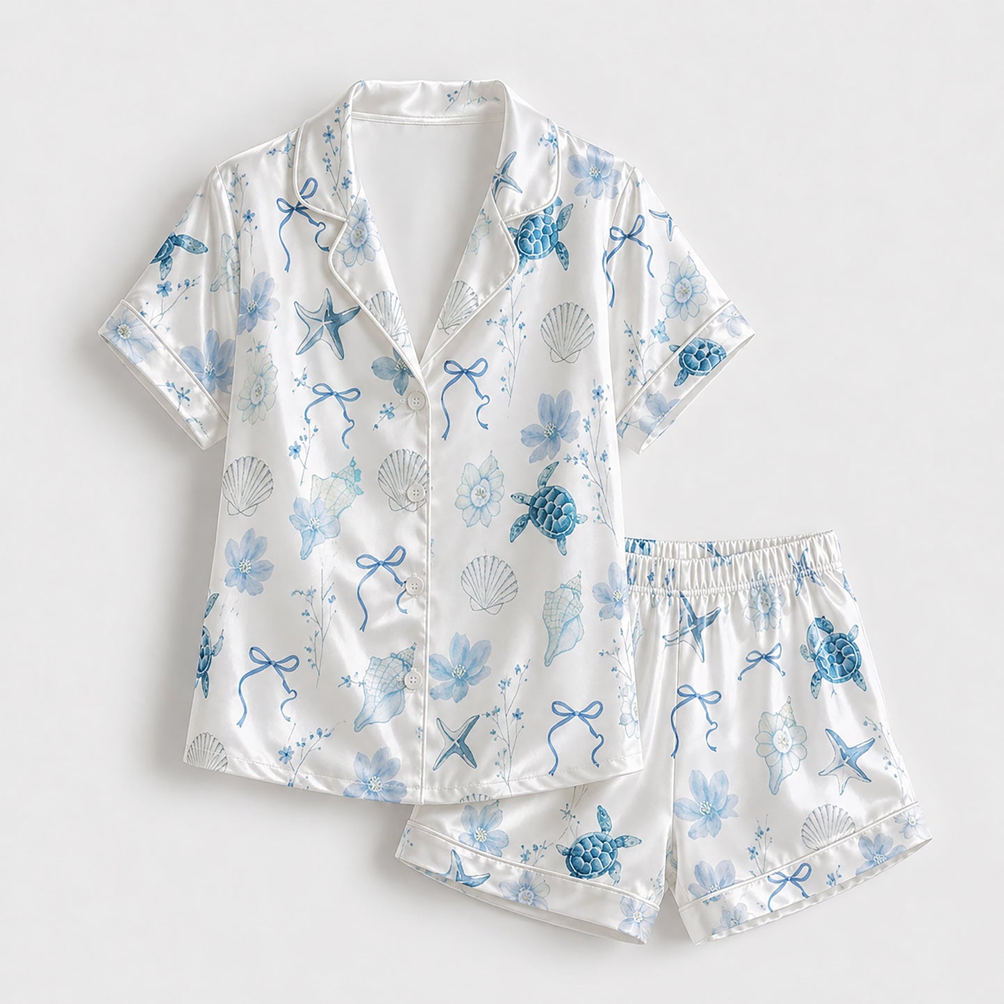 PJ-158-Satin White Watercolor Turtle Classic Piping Button Up Pajama Set