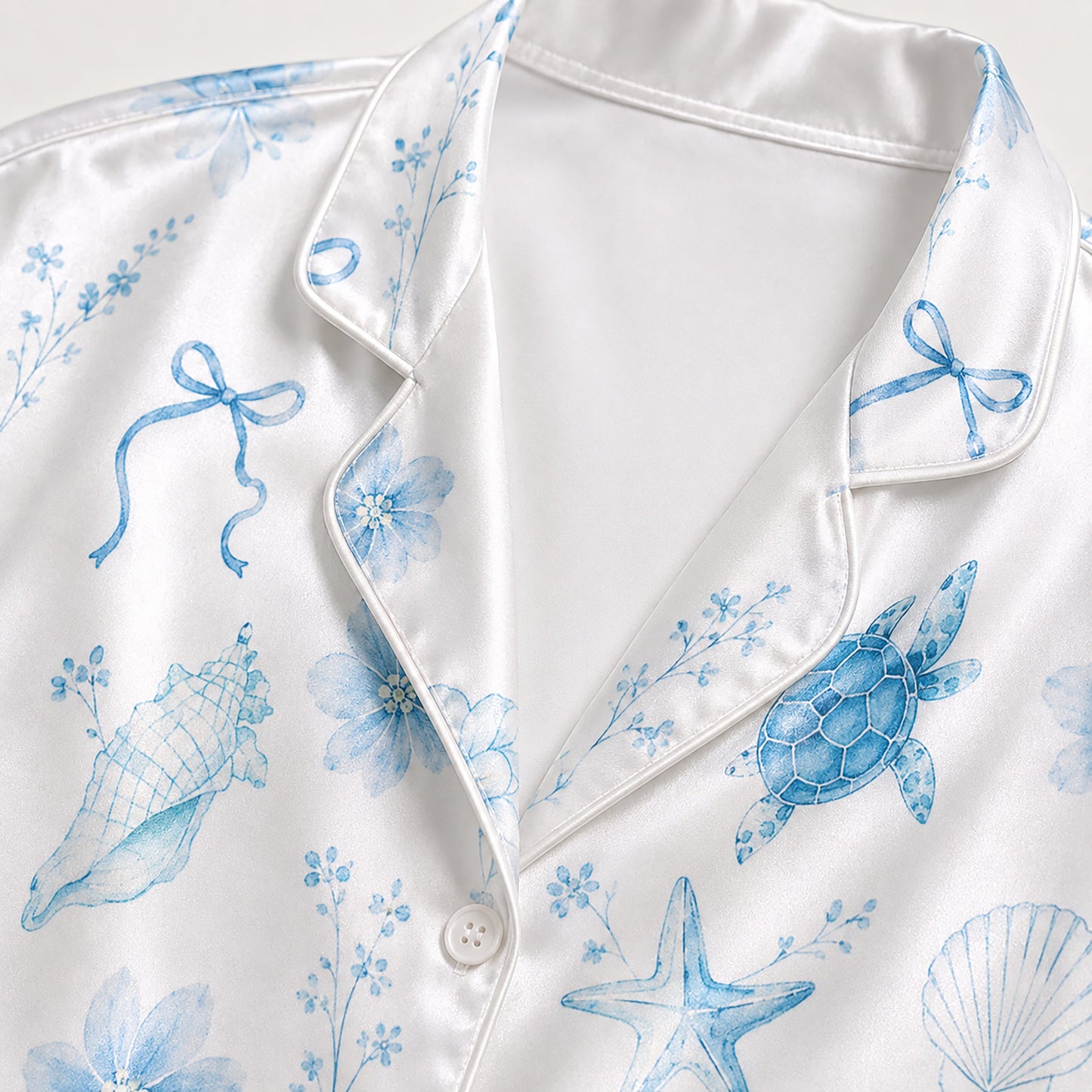 PJ-158-Satin White Watercolor Turtle Classic Piping Button Up Pajama Set
