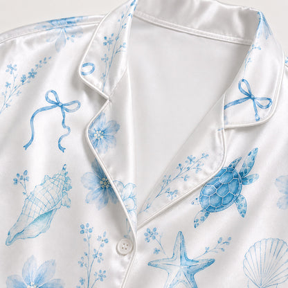 PJ-158-Satin White Watercolor Turtle Classic Piping Button Up Pajama Set