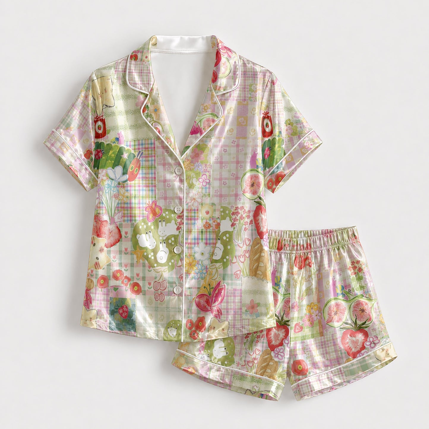 PJ-159-Satin Pastel Patchwork Storybook Picnic White Piping Button Up Pajama Set