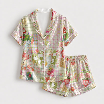 PJ-159-Satin Pastel Patchwork Storybook Picnic White Piping Button Up Pajama Set