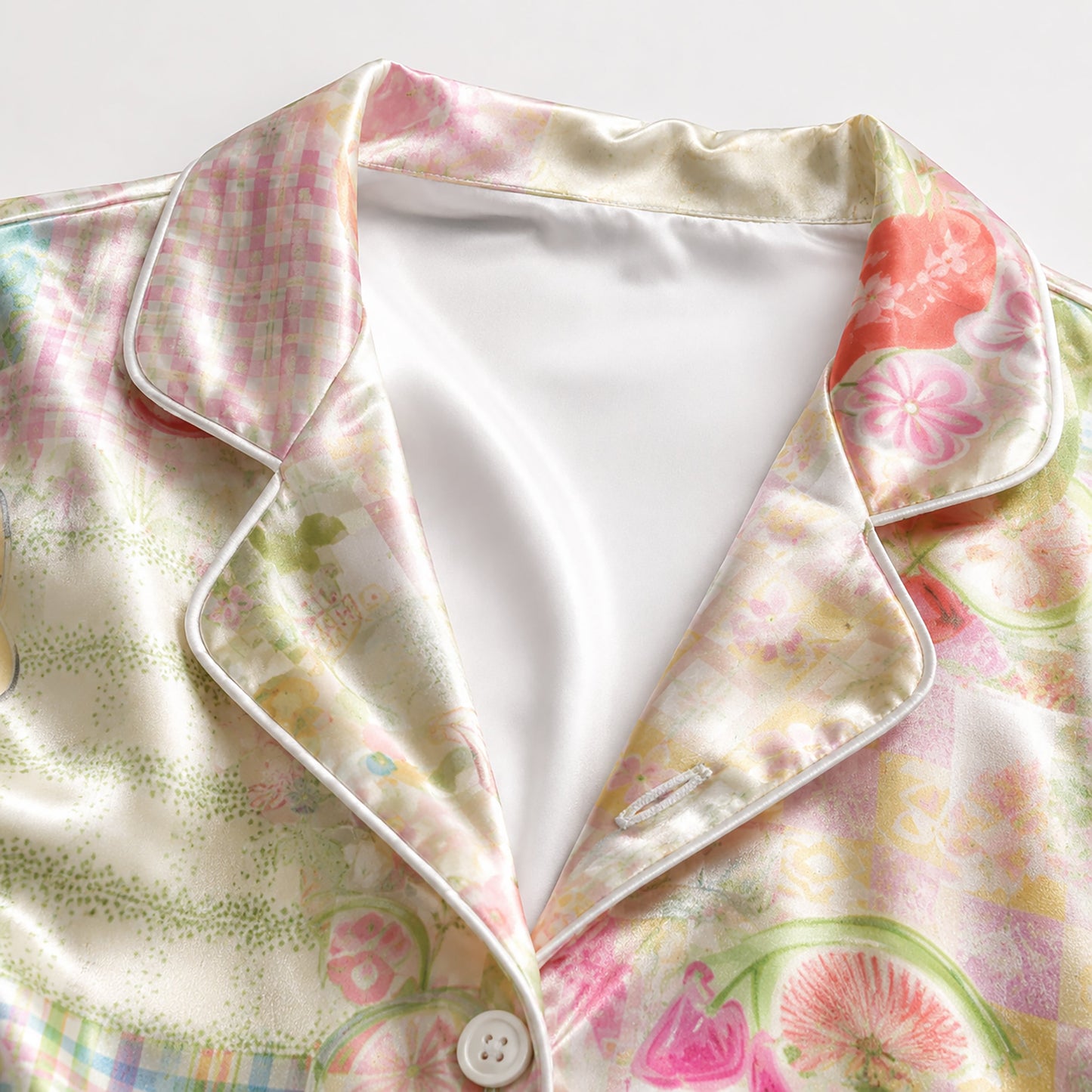 PJ-159-Satin Pastel Patchwork Storybook Picnic White Piping Button Up Pajama Set
