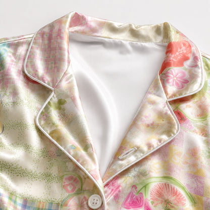 PJ-159-Satin Pastel Patchwork Storybook Picnic White Piping Button Up Pajama Set