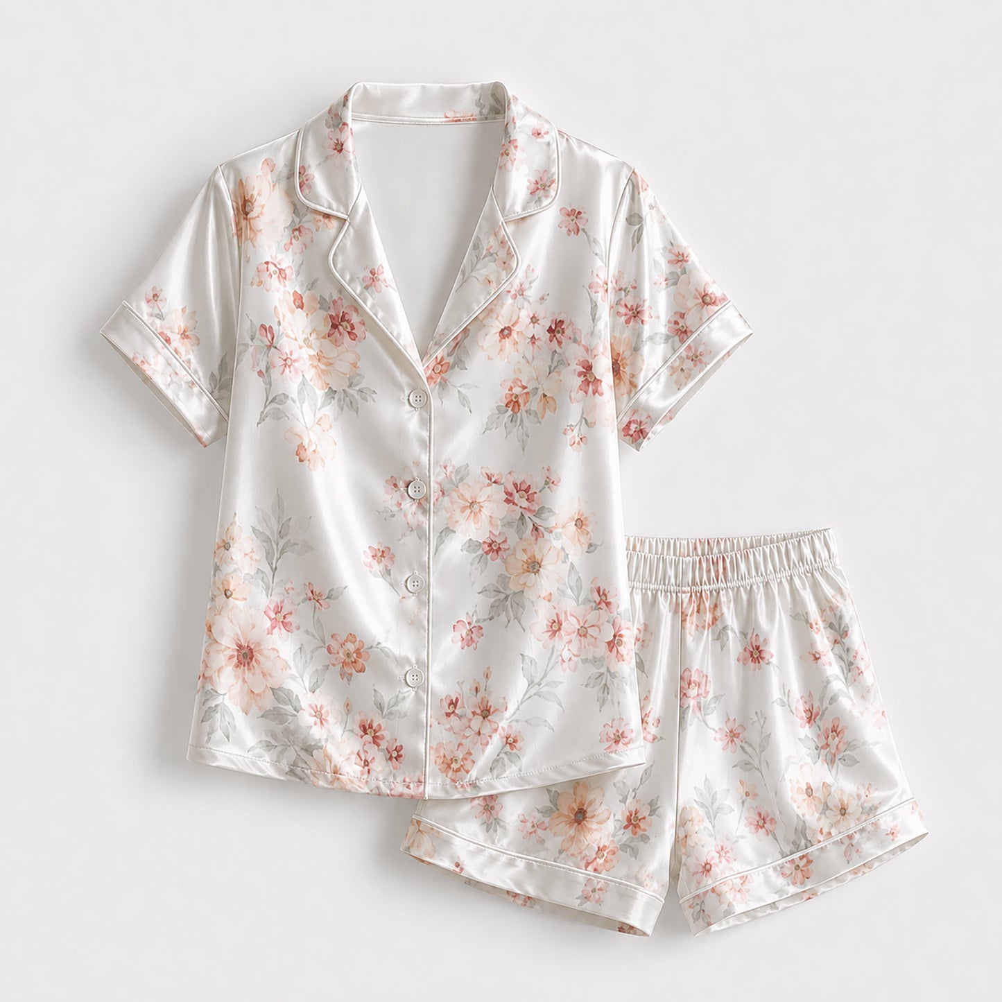 PJ-160-Satin White Soft Peony Classic Piping Button Up Pajama Set