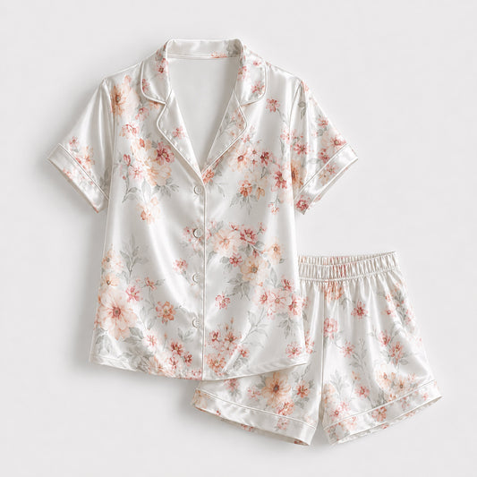 PJ-160-Satin White Soft Peony Classic Piping Button Up Pajama Set