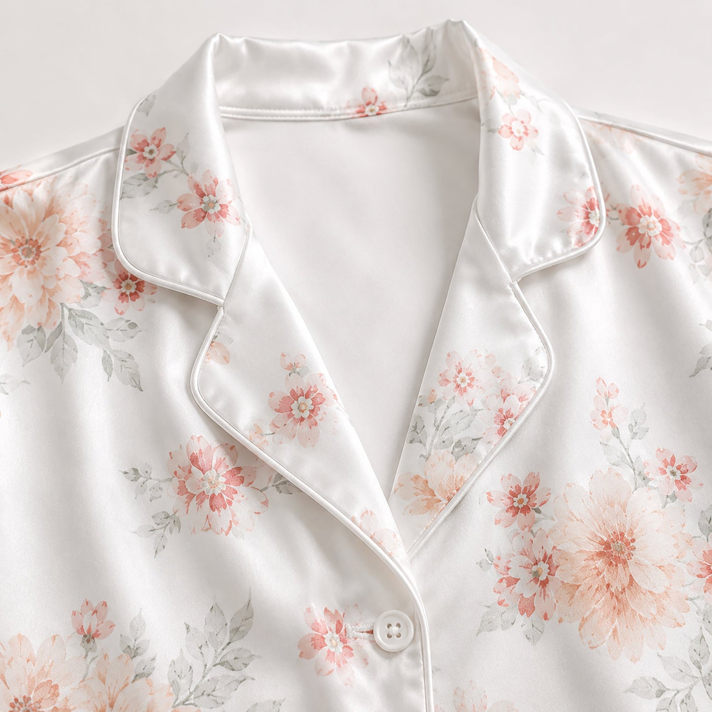 PJ-160-Satin White Soft Peony Classic Piping Button Up Pajama Set