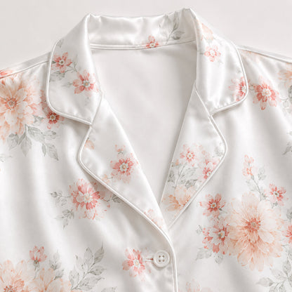 PJ-160-Satin White Soft Peony Classic Piping Button Up Pajama Set