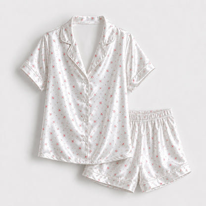 PJ-161-Satin White Ditsy Rose Classic Piping Button Up Pajama Set