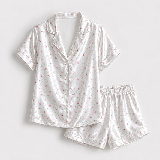 PJ-161-Satin White Ditsy Rose Classic Piping Button Up Pajama Set
