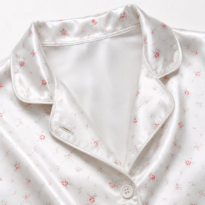 PJ-161-Satin White Ditsy Rose Classic Piping Button Up Pajama Set