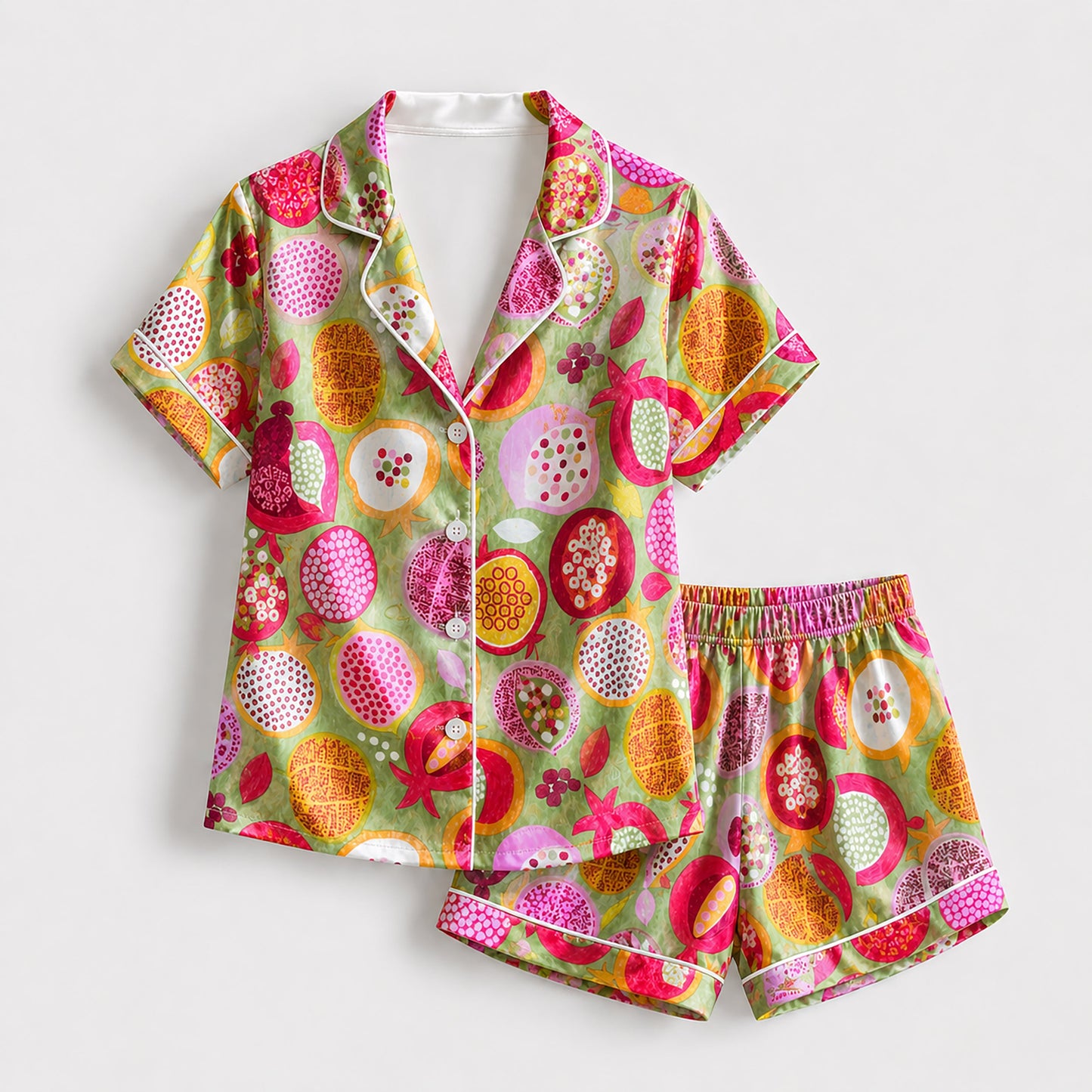 PJ-162-Satin Vivid Green Pomegranate Bloom White Piping Button Up Pajama Set