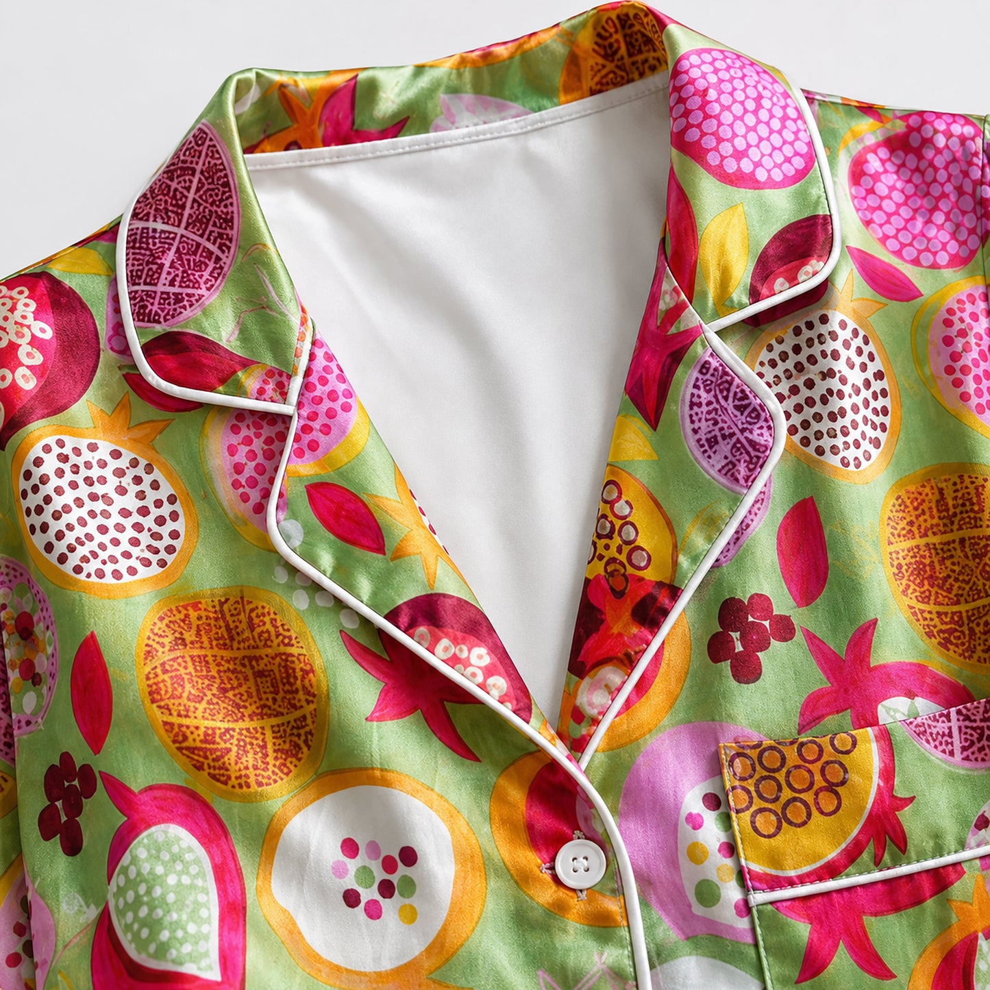 PJ-162-Satin Vivid Green Pomegranate Bloom White Piping Button Up Pajama Set