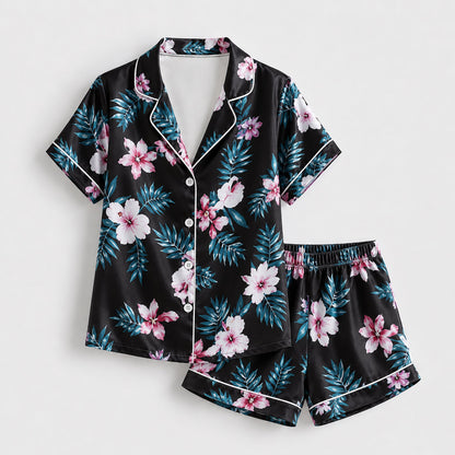 PJ-163-Satin Black Teal Hibiscus White Piping Button Up Pajama Set