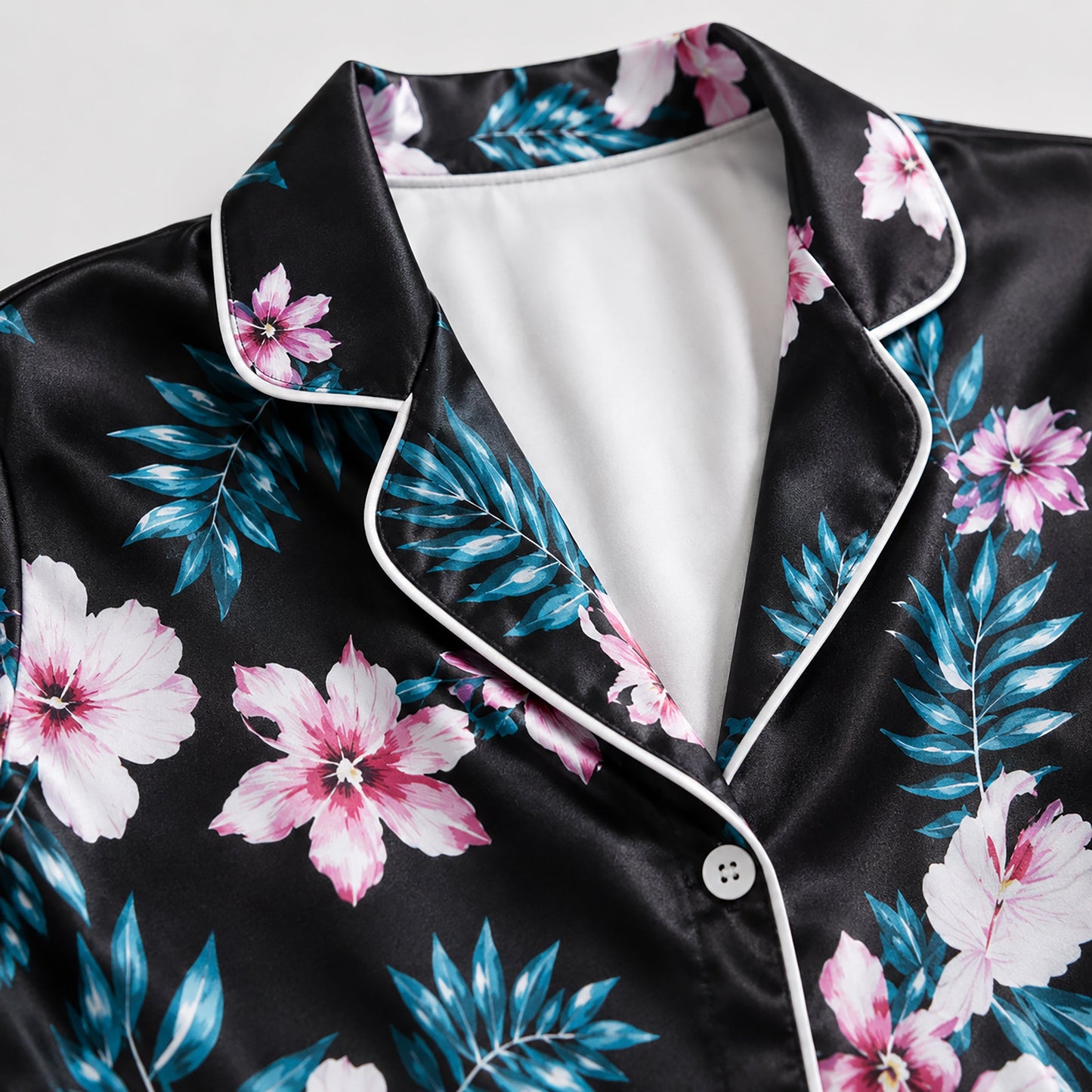 PJ-163-Satin Black Teal Hibiscus White Piping Button Up Pajama Set