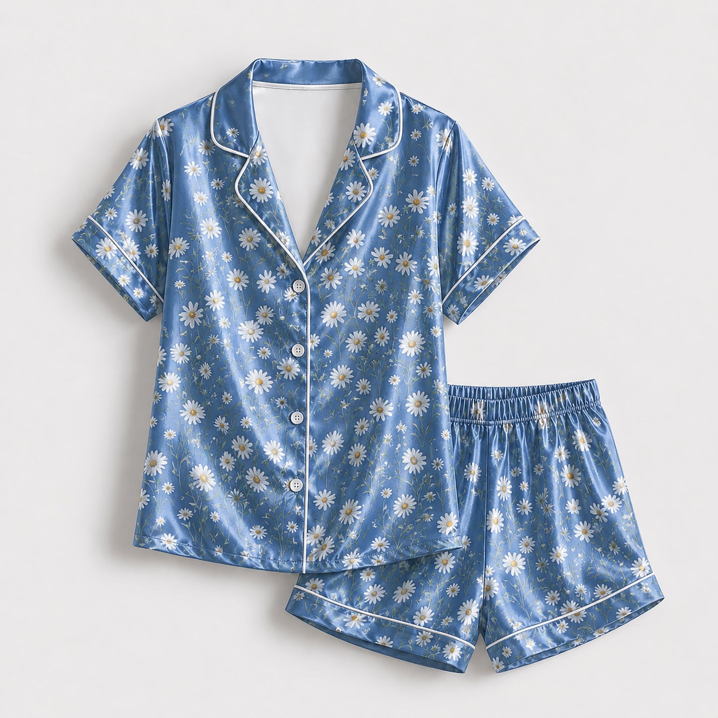 PJ-164-Satin Cornflower Blue Daisy Meadow White Piping Button Up Pajama Set