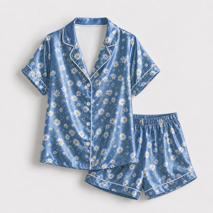 PJ-164-Satin Cornflower Blue Daisy Meadow White Piping Button Up Pajama Set