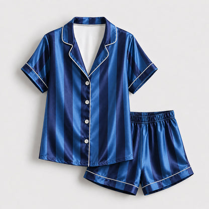 PJ-165-Unisex Satin Pajama Set with Colorful Striped Print Button Down Sleepwear Shirt and Bottoms