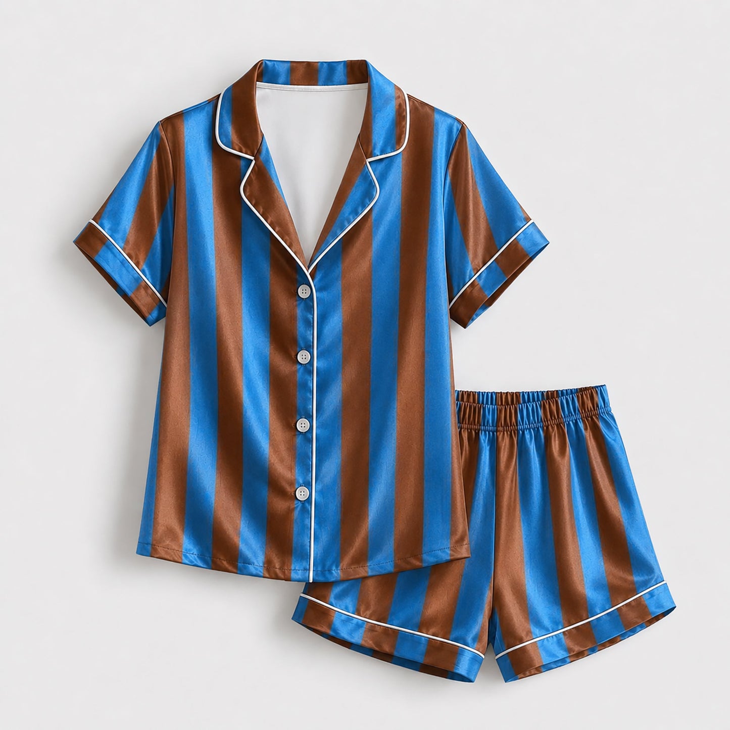 PJ-165-Unisex Satin Pajama Set with Colorful Striped Print Button Down Sleepwear Shirt and Bottoms