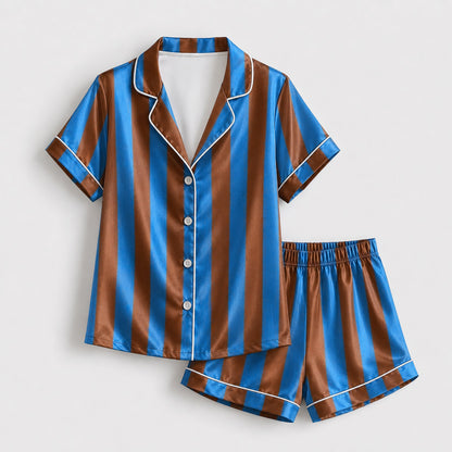 PJ-165-Unisex Satin Pajama Set with Colorful Striped Print Button Down Sleepwear Shirt and Bottoms