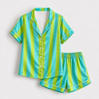 PJ-165-Unisex Satin Pajama Set with Colorful Striped Print Button Down Sleepwear Shirt and Bottoms
