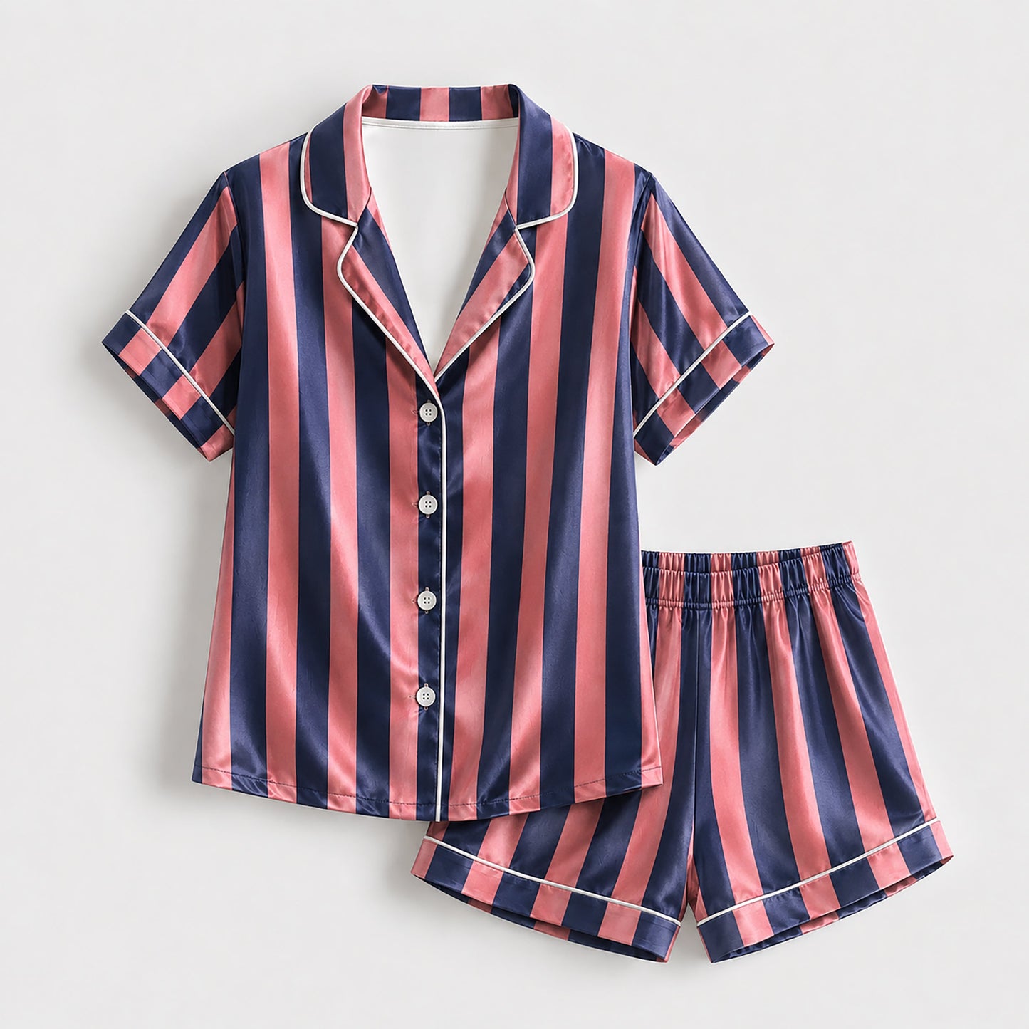 PJ-165-Unisex Satin Pajama Set with Colorful Striped Print Button Down Sleepwear Shirt and Bottoms