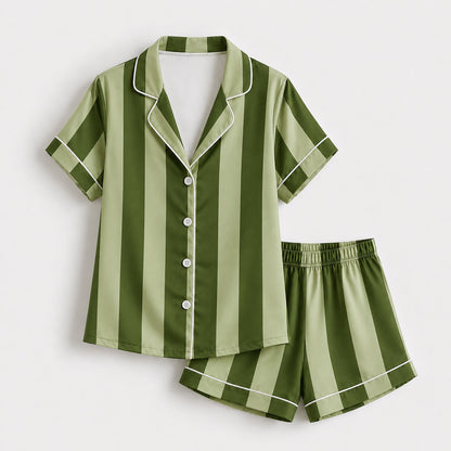 PJ-165-Unisex Satin Pajama Set with Colorful Striped Print Button Down Sleepwear Shirt and Bottoms