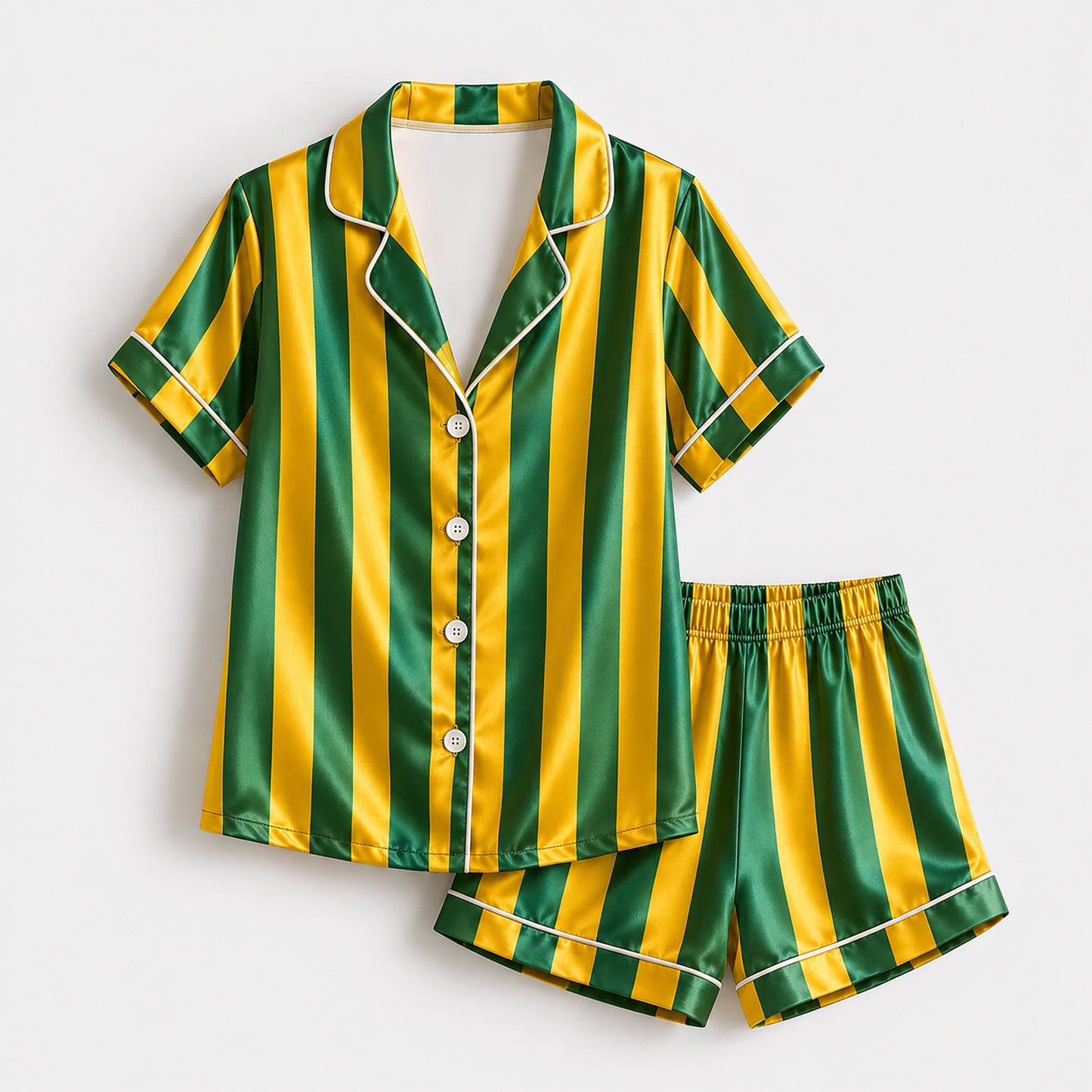 PJ-165-Unisex Satin Pajama Set with Colorful Striped Print Button Down Sleepwear Shirt and Bottoms