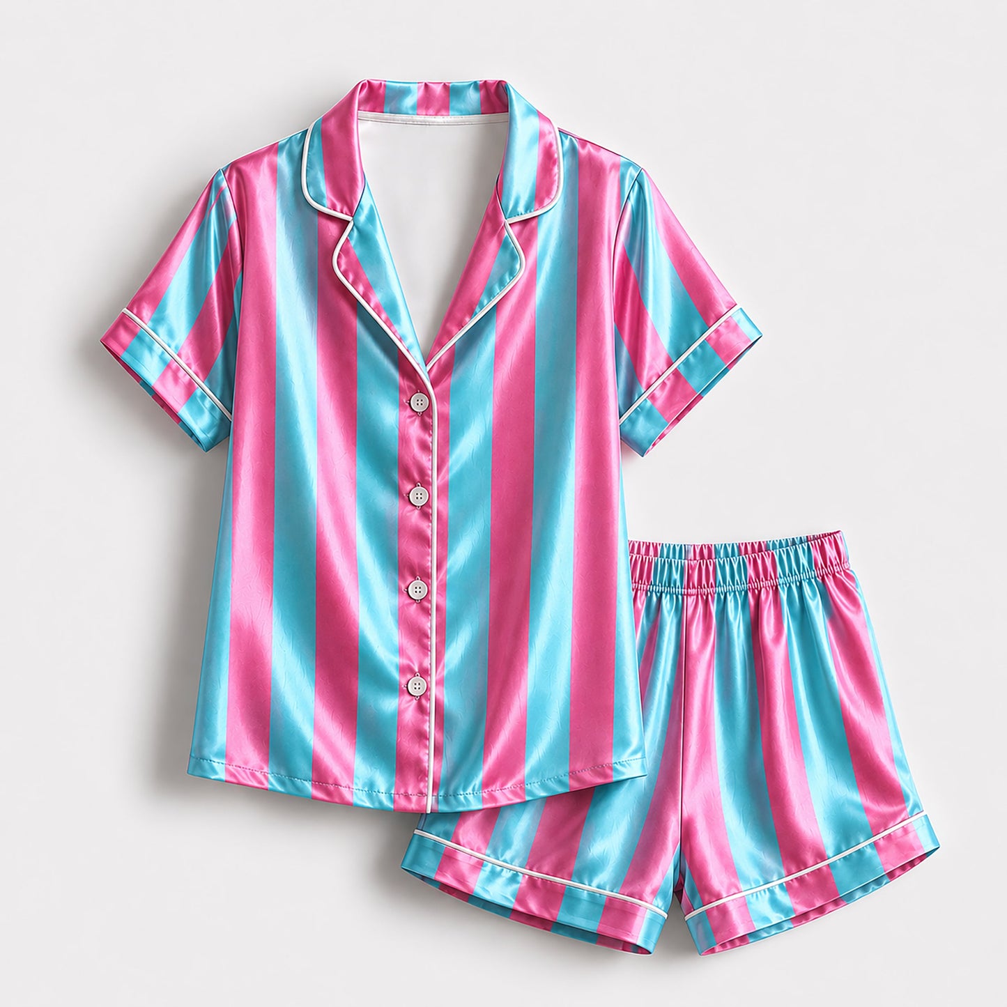 PJ-165-Unisex Satin Pajama Set with Colorful Striped Print Button Down Sleepwear Shirt and Bottoms
