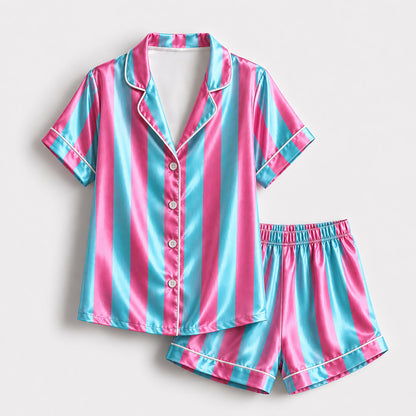 PJ-165-Unisex Satin Pajama Set with Colorful Striped Print Button Down Sleepwear Shirt and Bottoms
