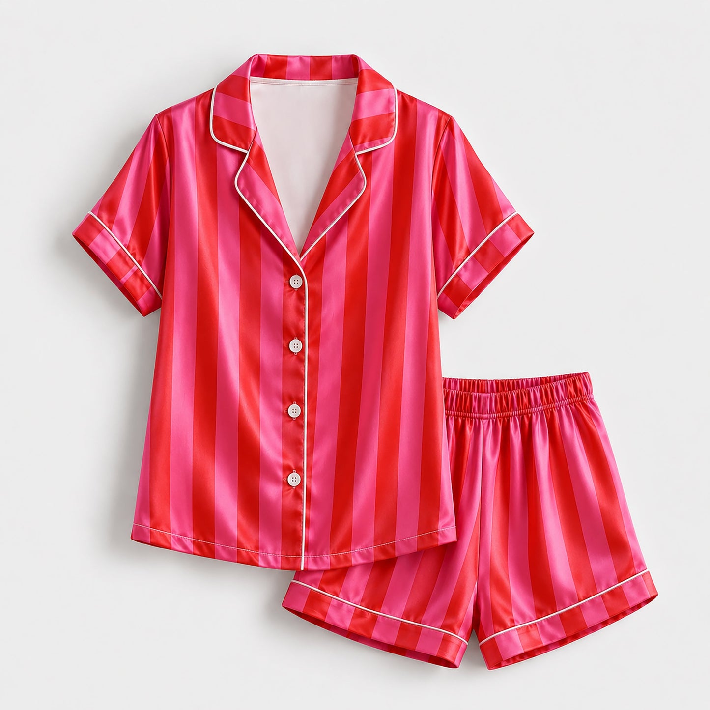 PJ-165-Unisex Satin Pajama Set with Colorful Striped Print Button Down Sleepwear Shirt and Bottoms